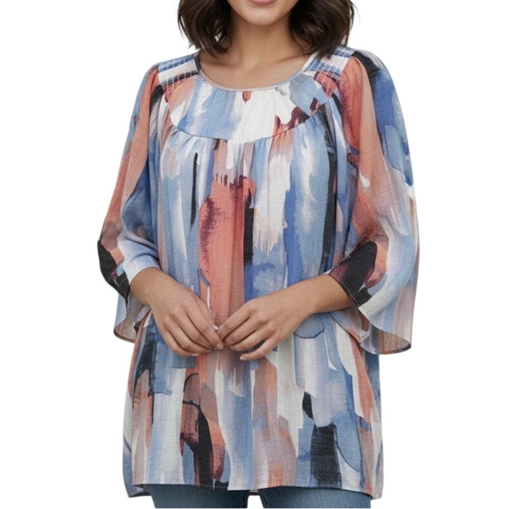 Zac & Rachel Watercolor Top Womens Medium Wide Sleeves Flowy Colorful Artsy Boho